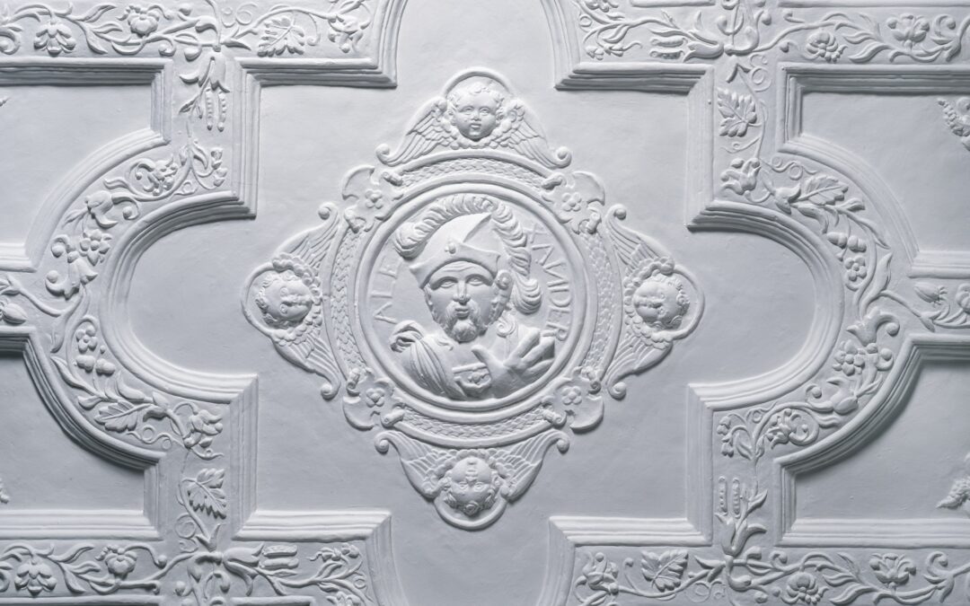 Molded plaster ceiling with heroes of the ancient world