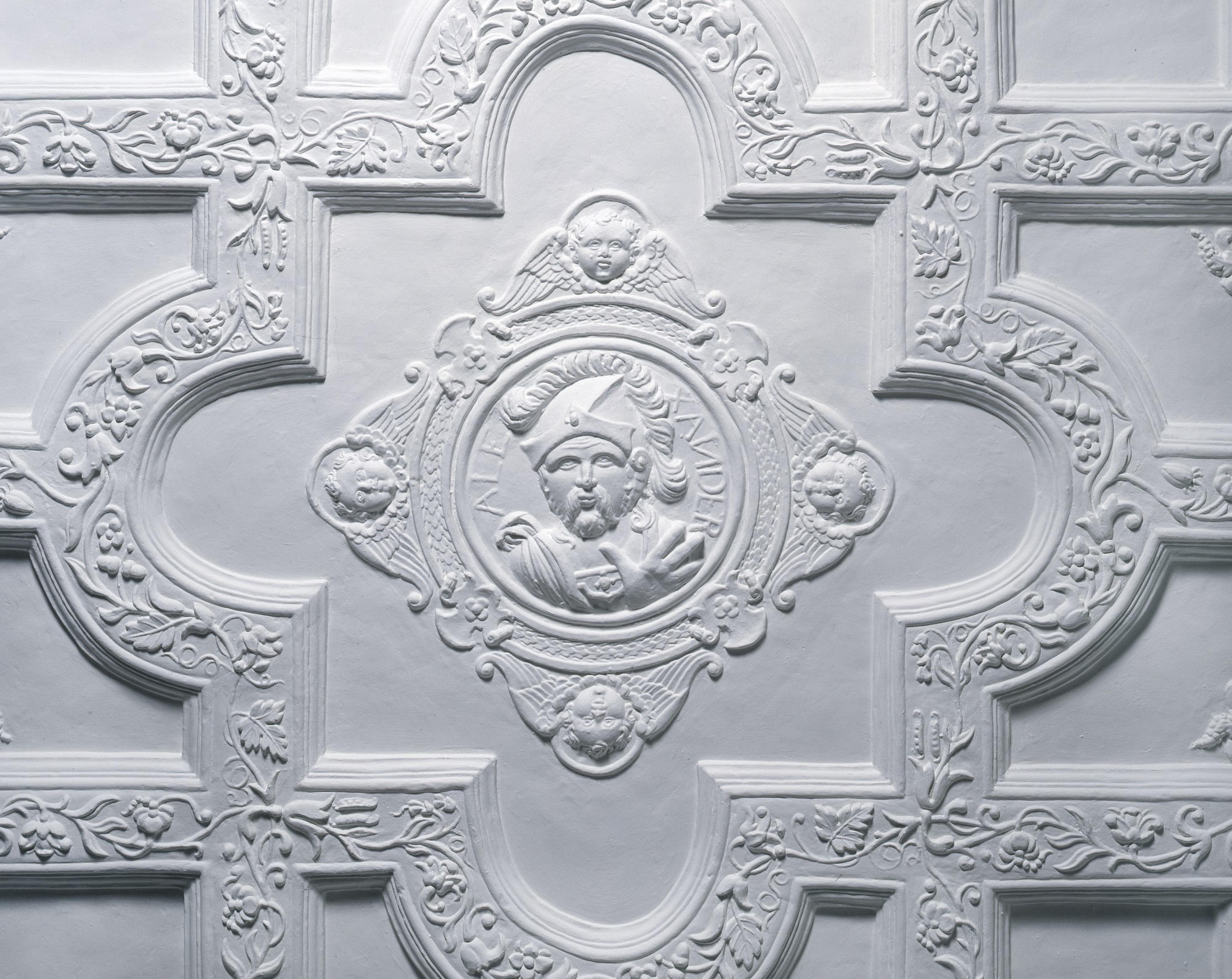 Molded plaster ceiling with heroes of the ancient world