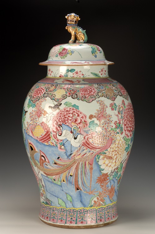 Famille Rose covered jar with phoenix and cranes among peonies