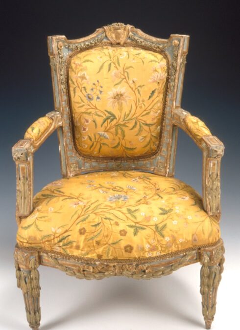 Louis XVI carved, gilded, and polychromed armchair stamped Falconet