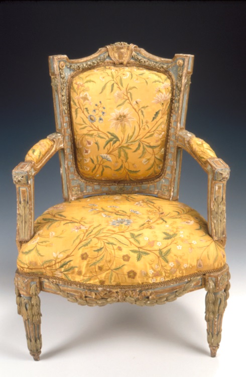 Louis XVI carved, gilded, and polychromed armchair