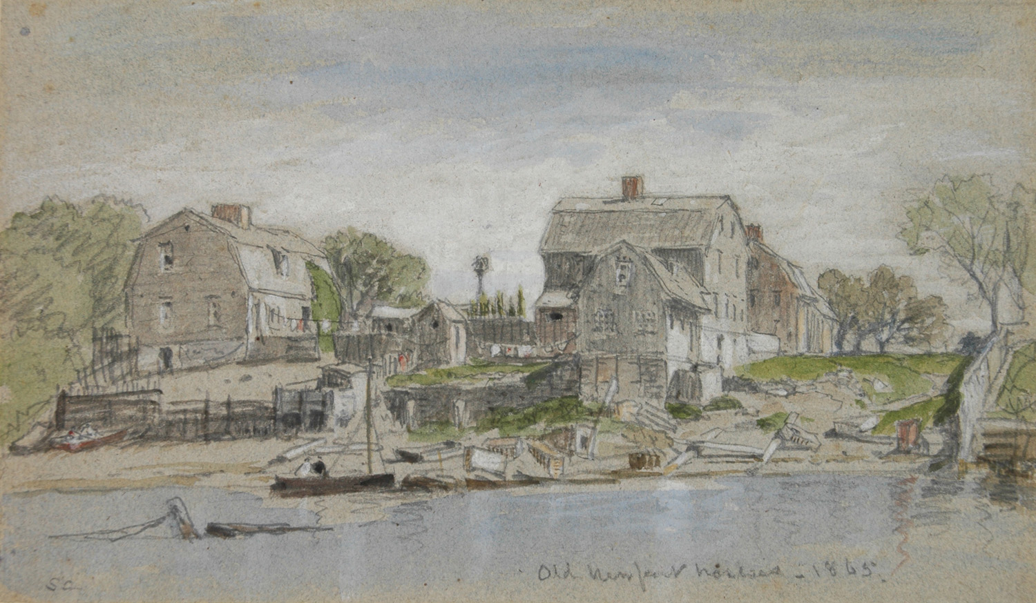 19th-century watercolor showing John Goddard's house and workshop