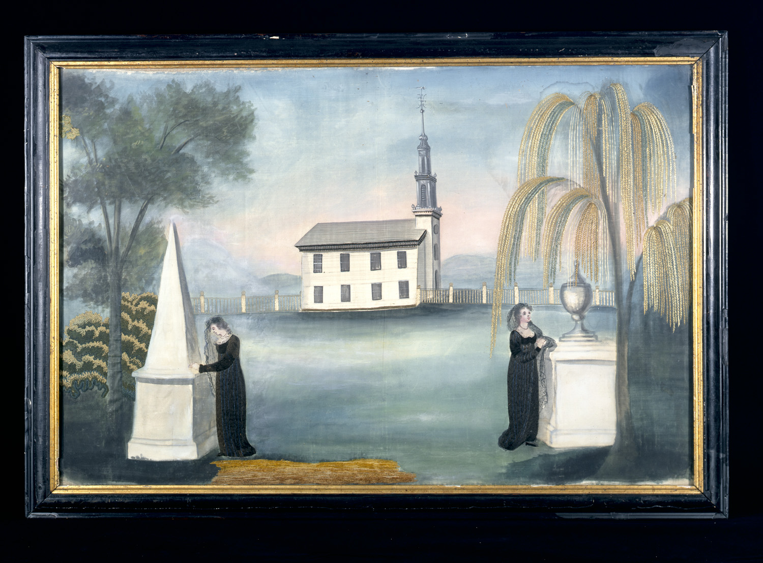 Painted and embroidered mourning picture on silk